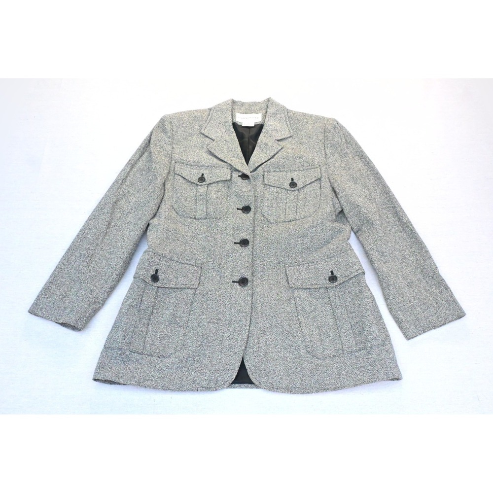 Evan-Picone Vintage 90s Womens 14 Silk Wool Tweed Blazer Grey Four Flap Pockets